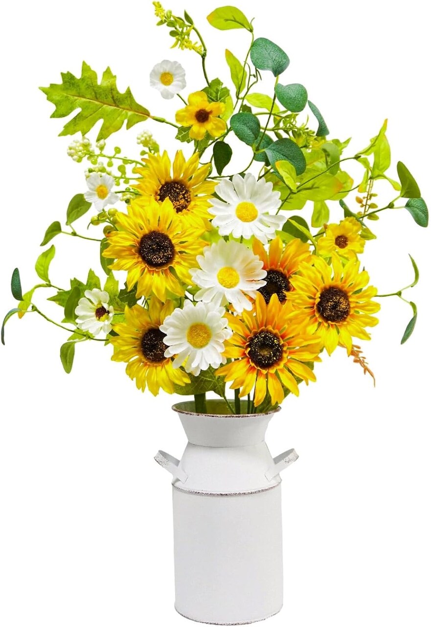 23.5” Faux Sunflowers in Vase – Silk Artificial Sunflower Arrangement with Metal Pot, Farmhouse Table Centerpiece for Kitchen, Dining, Living Room & Spring Home Decor